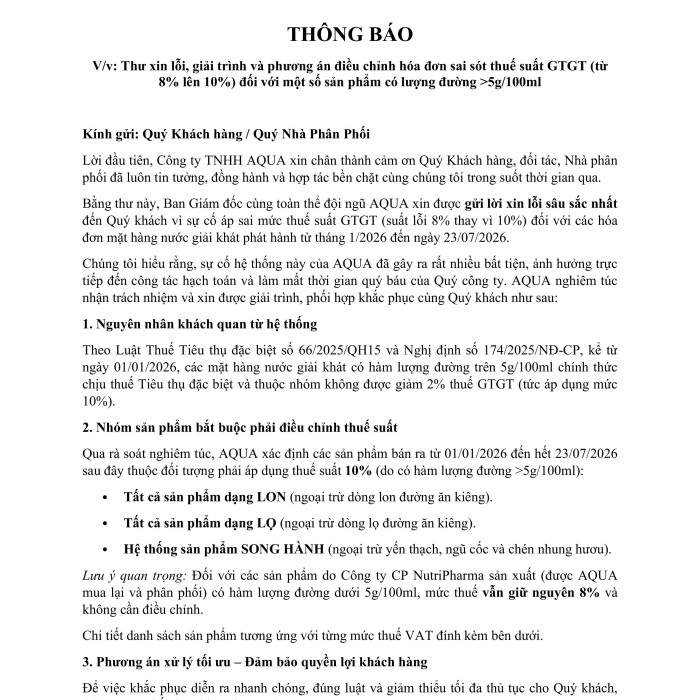 THÔNG BÁO ĐIỀU CHỈNH THUẾ SUẤT GTGT VÀ HÓA ĐƠN TỪ 8% LÊN 10%