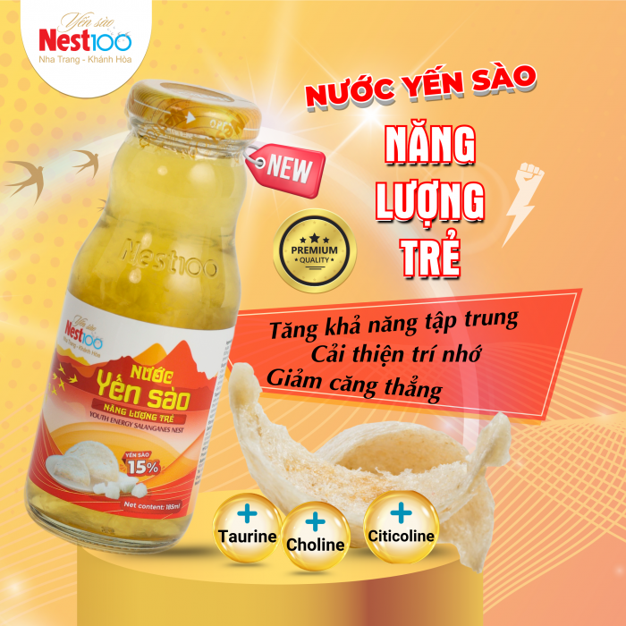 [Hộp 6 chai 185ml] - Nước yến sào Năng Lượng Trẻ Nest100 - Tăng cường trí nhớ - Aquapharm